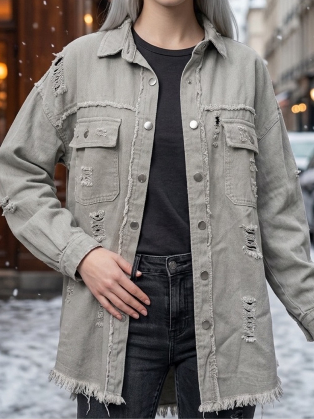 Women's Distressed Button-Front Shacket - Light Gray